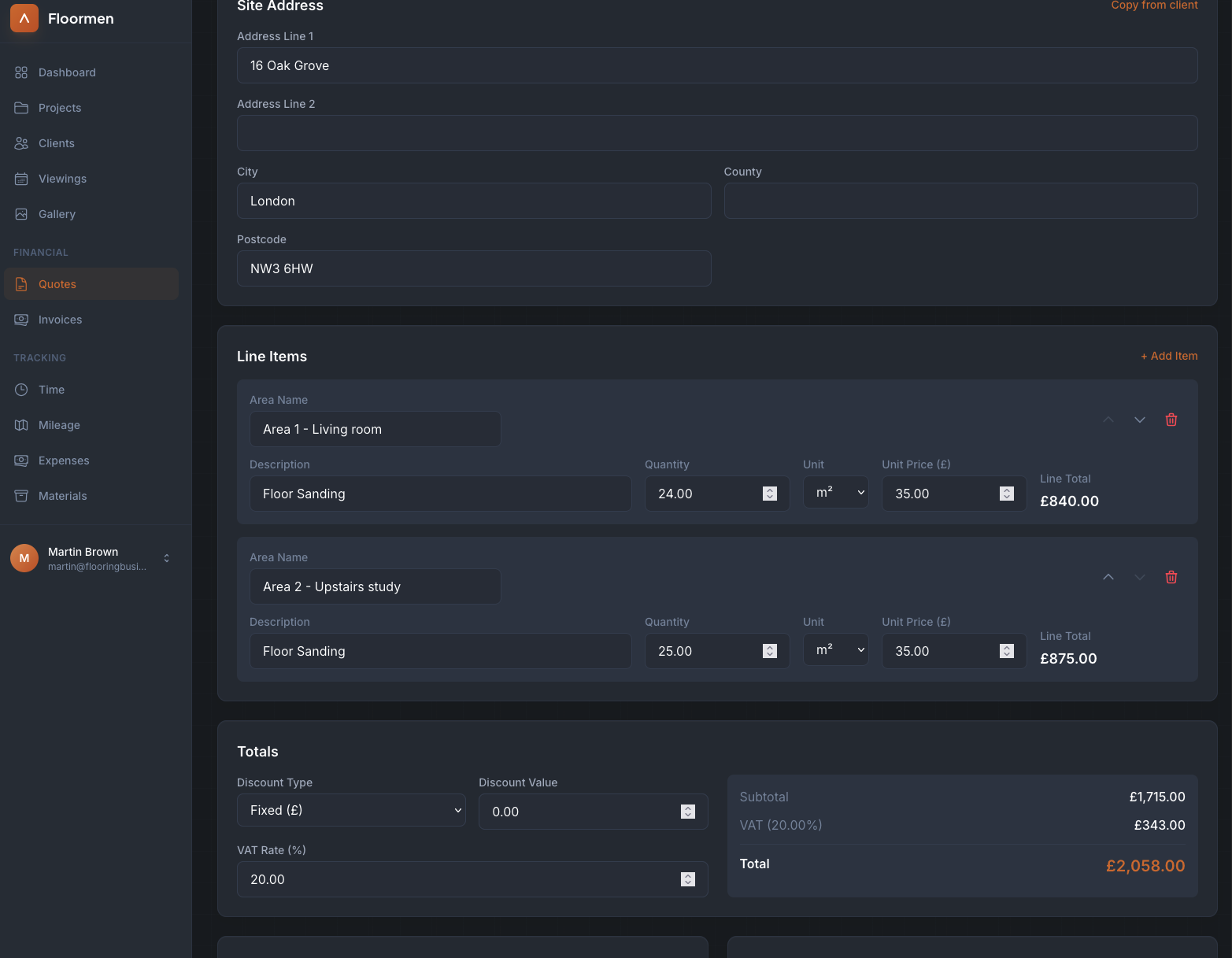 Quote editing interface