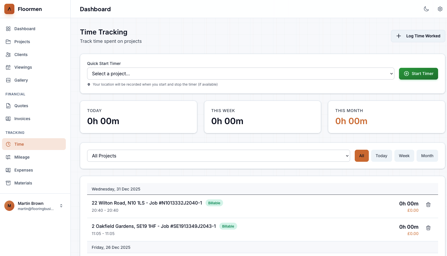Time tracking dashboard